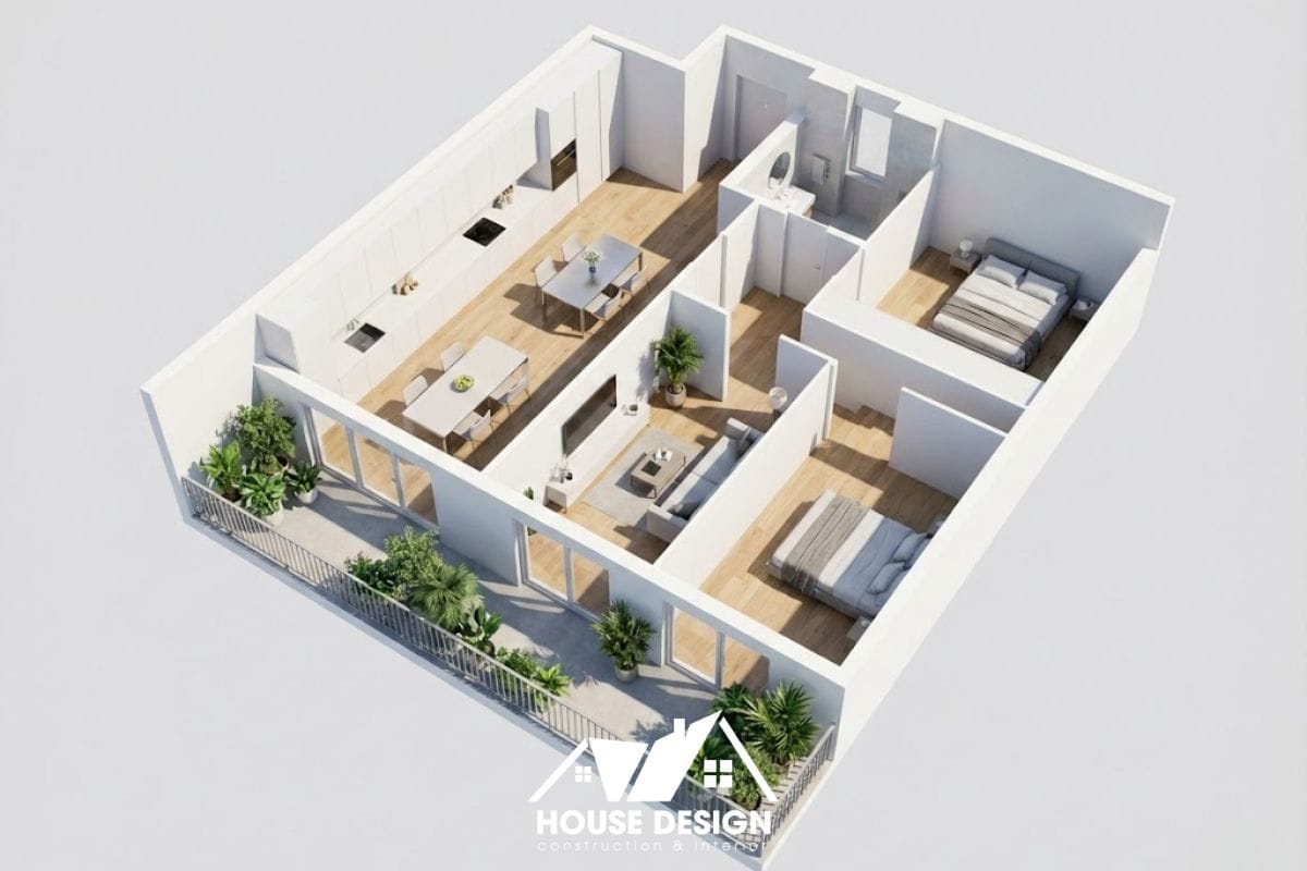 mặt bằng 3d chung cư tối giản kết nối logia rộng thoáng