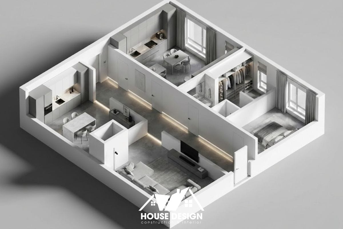 bản vẽ 3d căn hộ bố trí dọc theo hành lang trung tâm