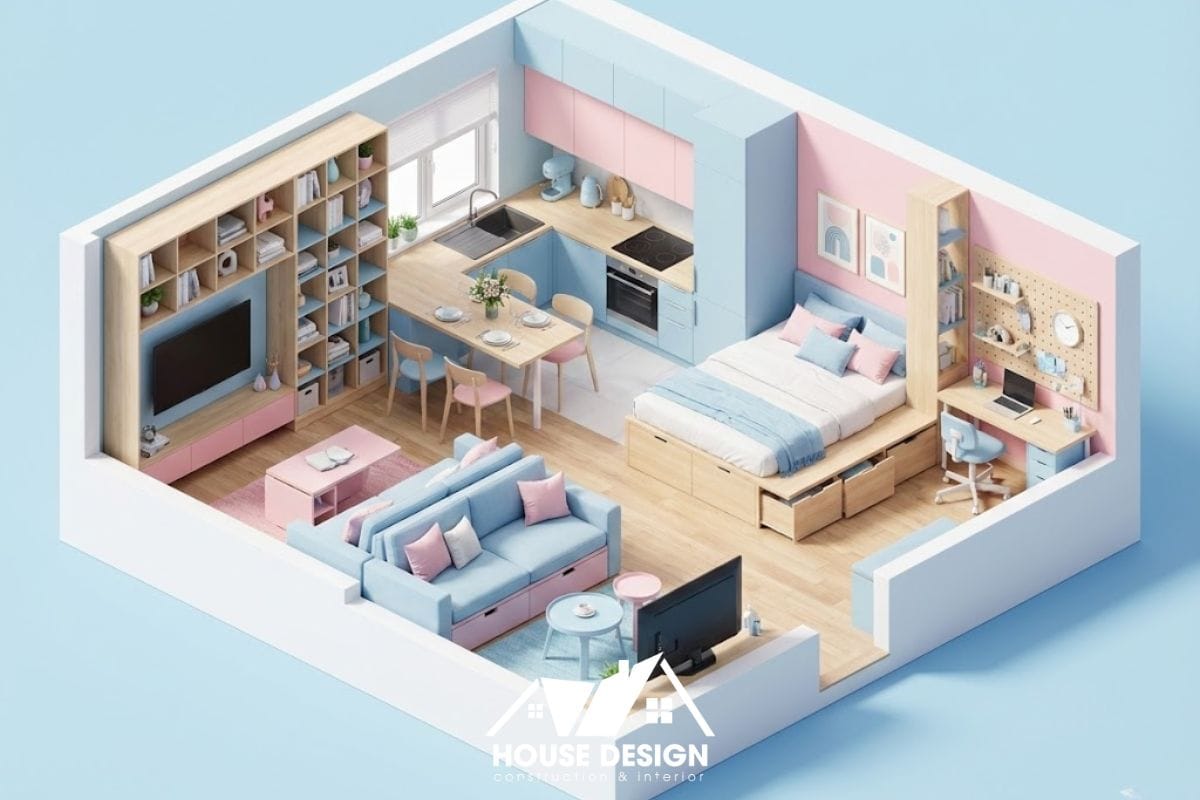 sơ đồ bố trí nội thất căn hộ trẻ trung với màu sắc pastel