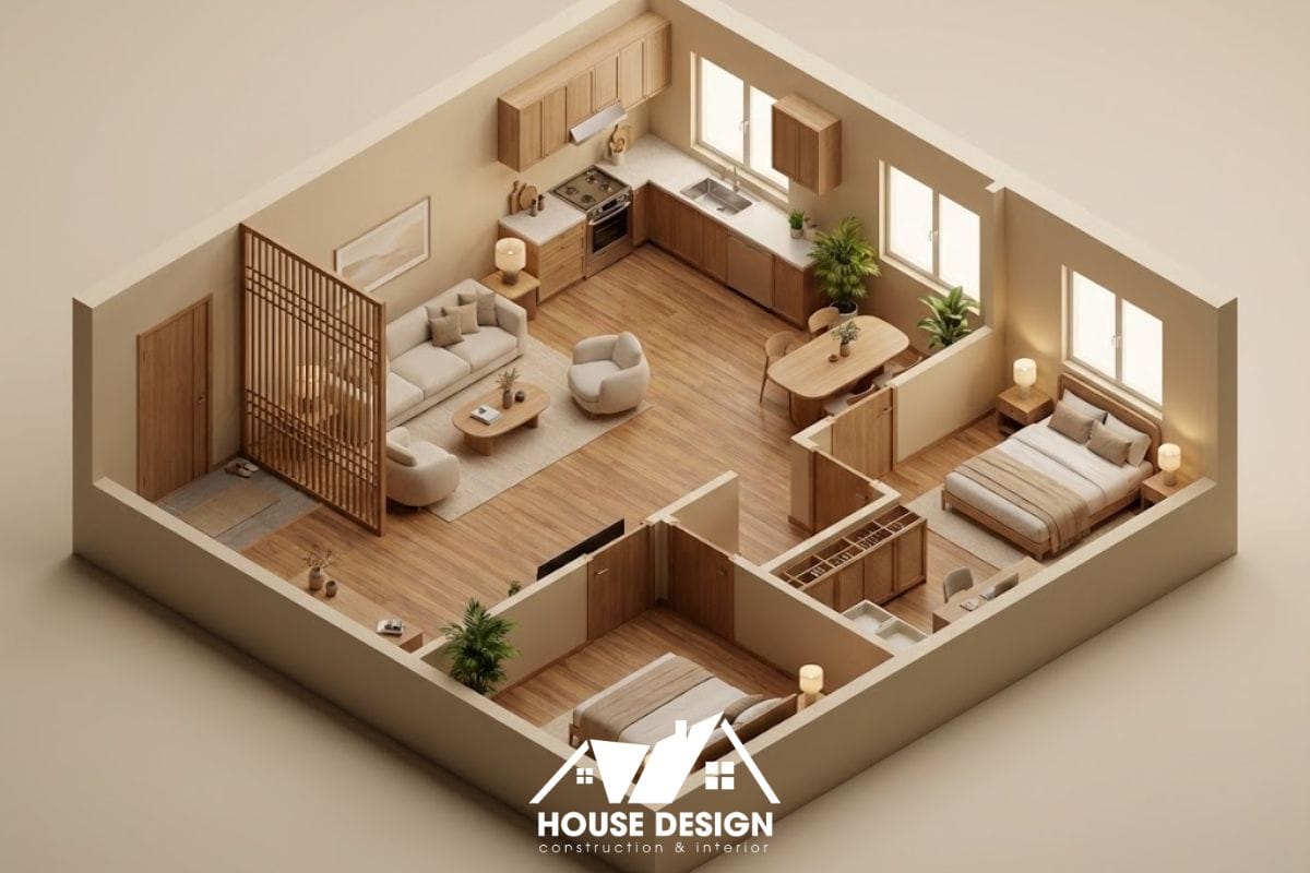 mặt bằng 3d căn hộ có huyền quan và bếp hợp phong thủy