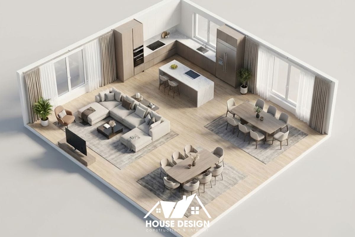 mô hình 3d căn hộ không gian mở phòng khách liền bếp