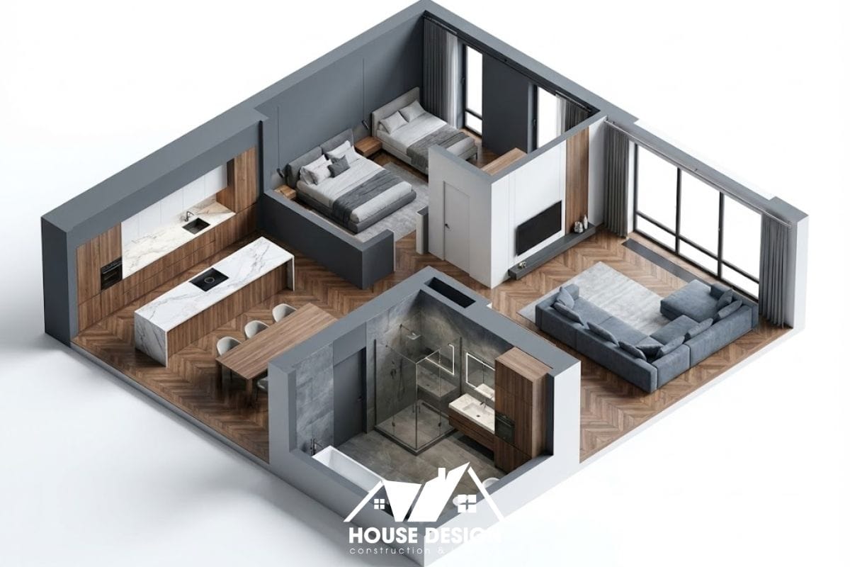 sơ đồ mặt bằng căn hộ hình chữ L phân chia khu tĩnh động