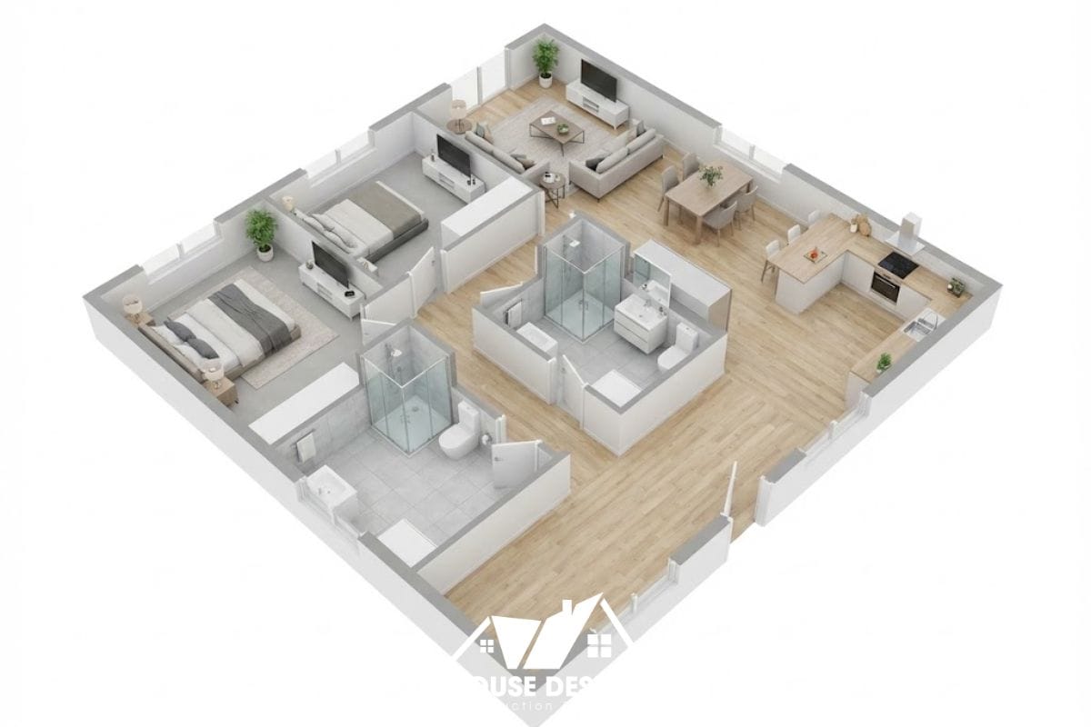 bản vẽ 3d bố trí căn hộ 2 phòng ngủ 2 nhà vệ sinh tối ưu