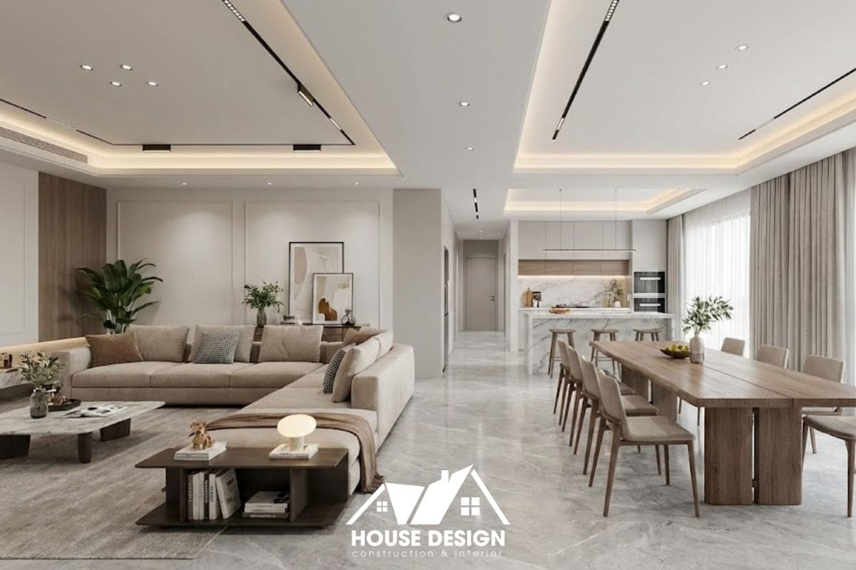 Không gian phòng khách liền bếp rộng rãi trong căn hộ chung cư 3 phòng ngủ diện tích trên 75m2.