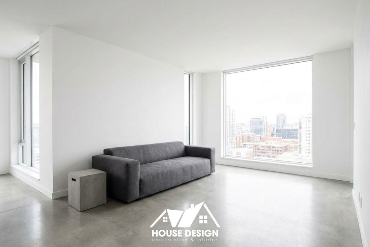 Phòng khách chung cư phong cách tối giản (Minimalism) với gam màu trắng chủ đạo và ít đồ đạc.