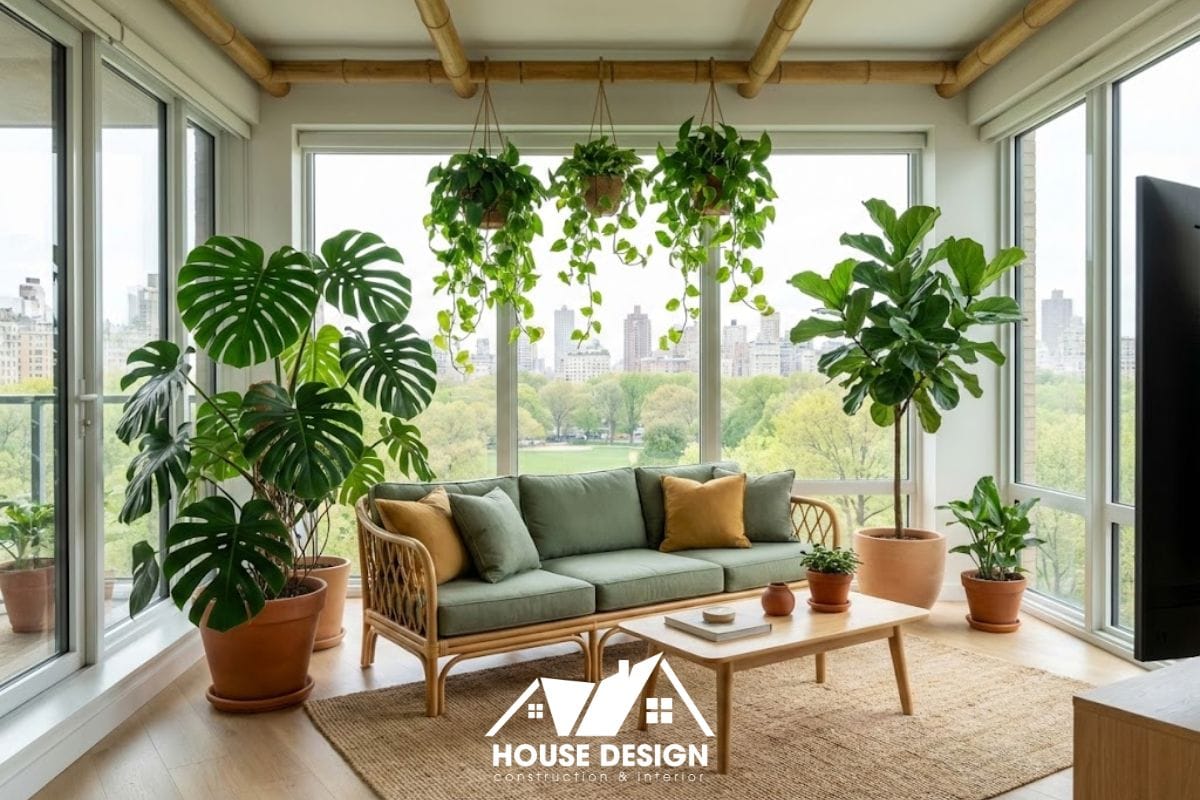 Không gian sống xanh trong chung cư với nhiều cây cối và cửa kính lớn đón nắng.