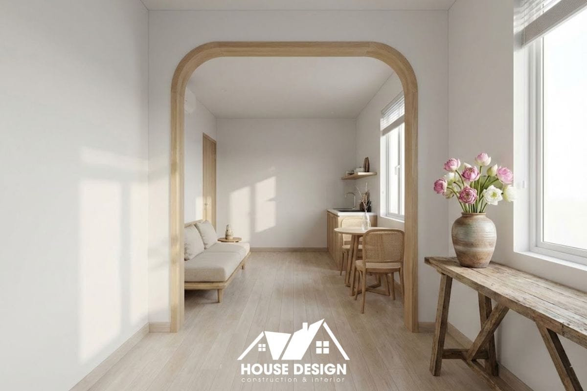 Thiết kế chung cư phong cách Indochine tối giản với tông màu sáng cho diện tích nhỏ.