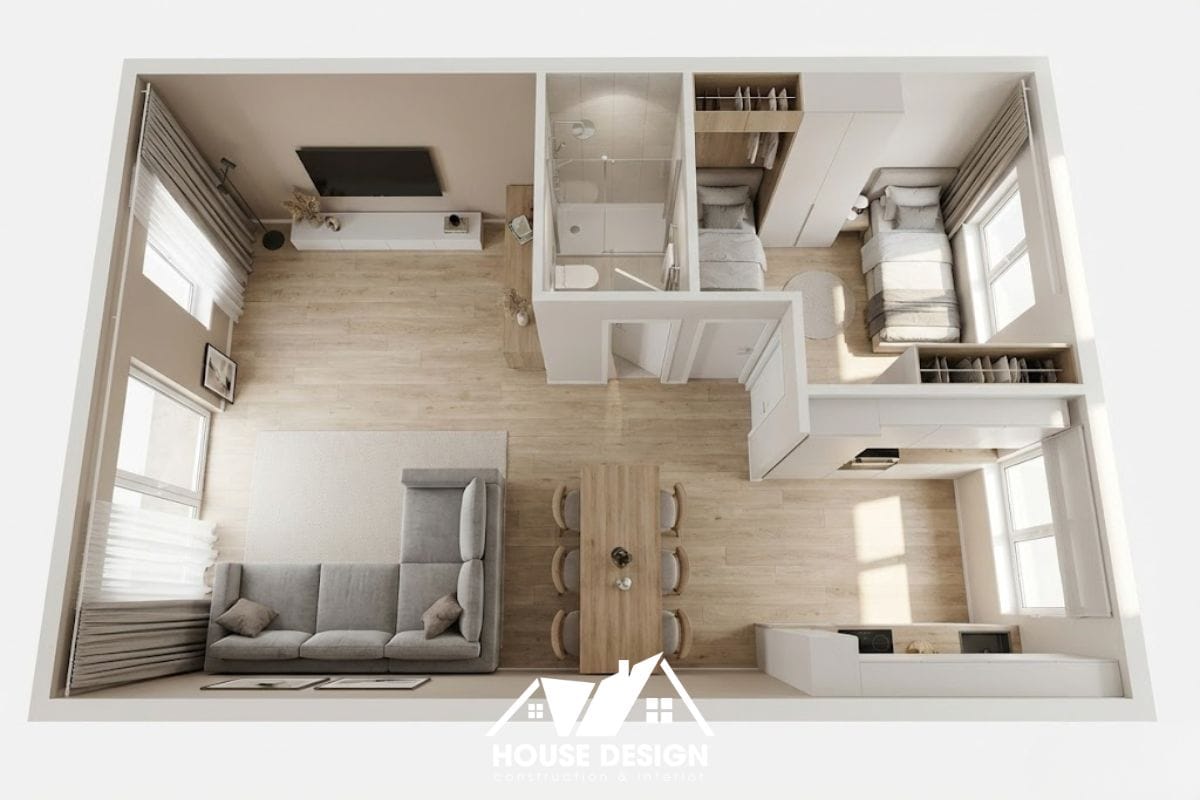 mẫu thiết kế căn hộ 45m2 ưu tiên diện tích cho phòng khách rộng