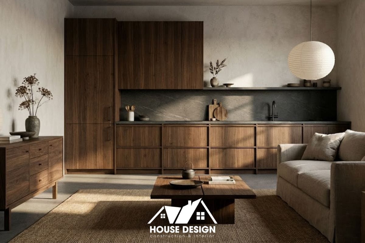 phòng khách liền bếp japandi sử dụng gỗ óc chó màu tối