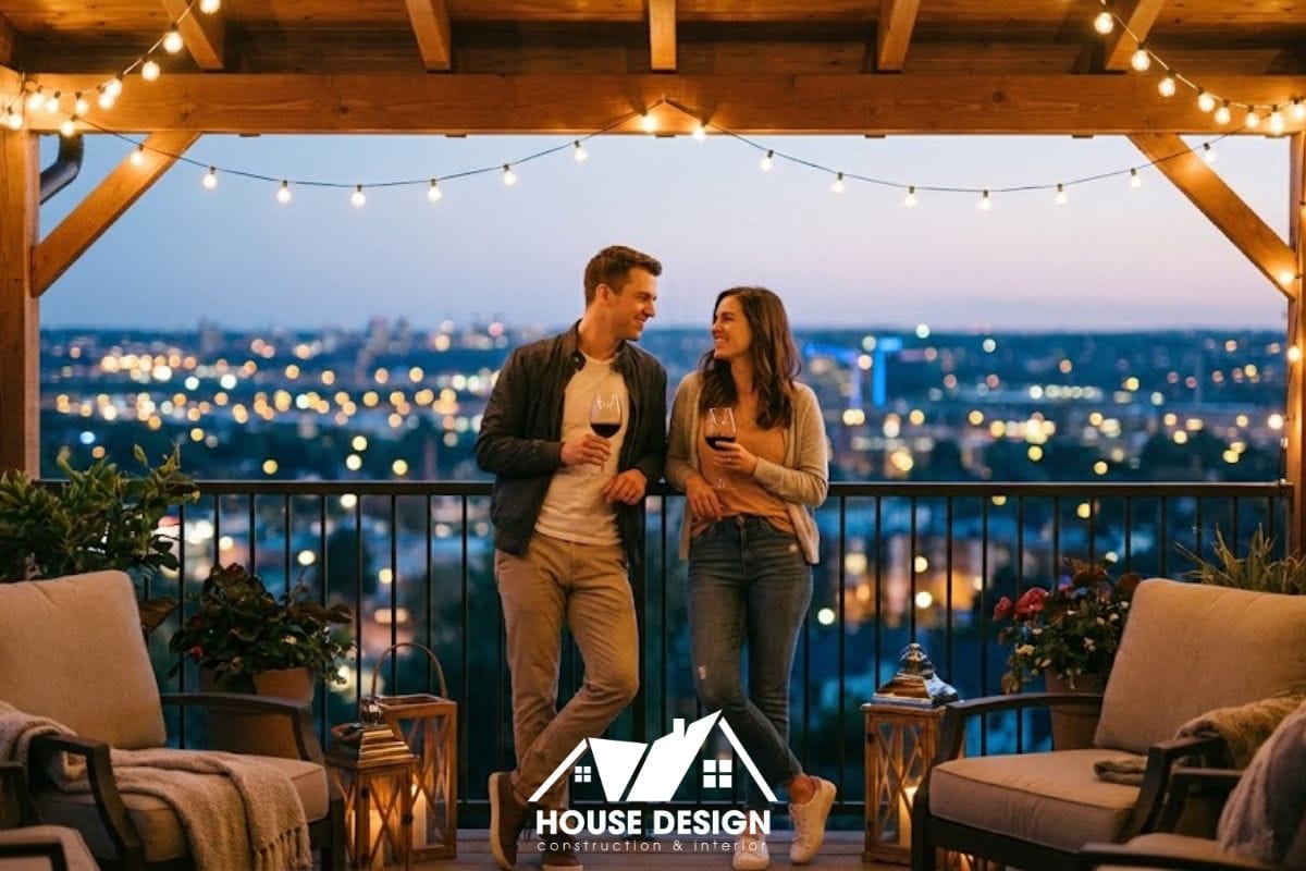 cặp đôi trẻ hạnh phúc thư giãn tại logia chung cư đẹp do House Design thiết kế