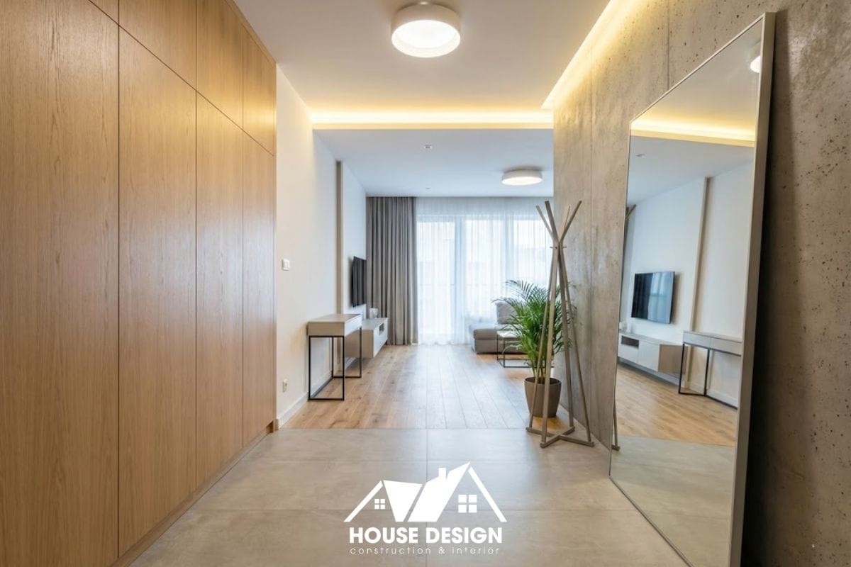 Thiết kế lối vào căn hộ chung cư hiện đại với tủ giày kịch trần và gương soi toàn thân.