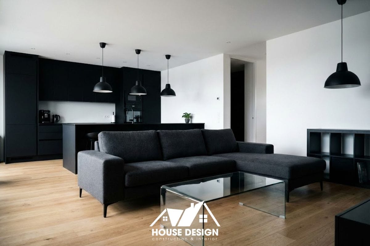 thiết kế nội thất chung cư hiện đại tông trắng phối đen cá tính