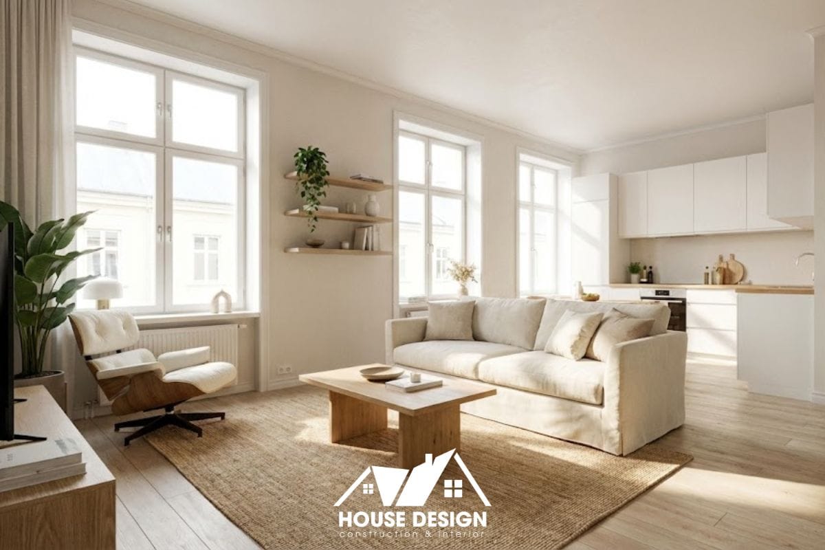 phòng khách chung cư 45m2 thiết kế hiện đại tràn ngập ánh sáng tự nhiên