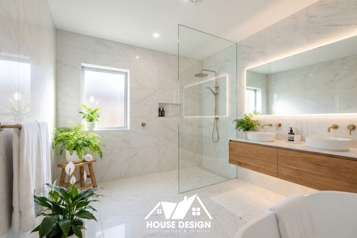 Tổng thể mẫu thiết kế nhà vệ sinh chung cư hiện đại với tông màu sáng, phân khu khô ướt rõ ràng.