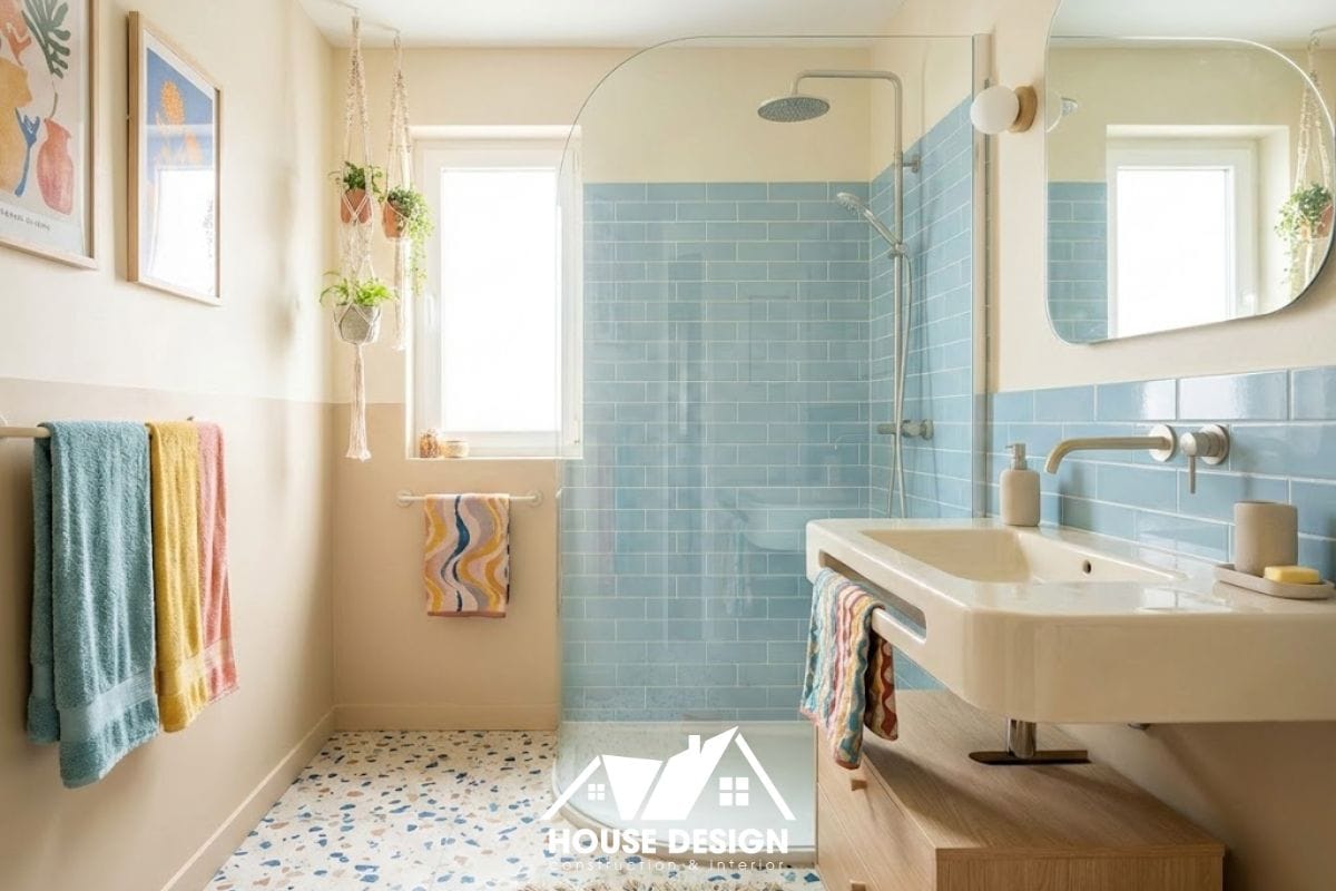 Thiết kế phòng tắm chung cư tông màu kem kết hợp gạch subway xanh pastel và sàn terrazzo vui mắt.