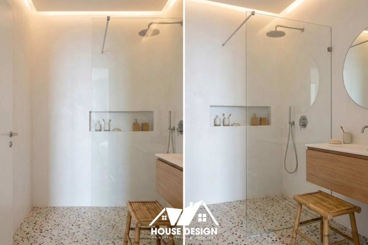 Phòng tắm chung cư phong cách Japandi với sàn đá mài Terrazzo nhiều màu và ánh sáng hắt trần.