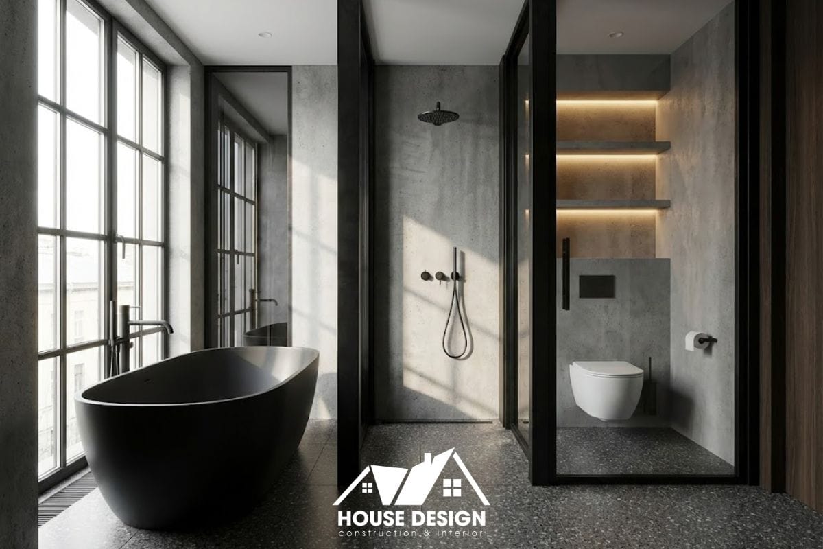 Sàn Terrazzo kết hợp vách kính khung đen tạo điểm nhấn mạnh mẽ cho nhà vệ sinh chung cư.