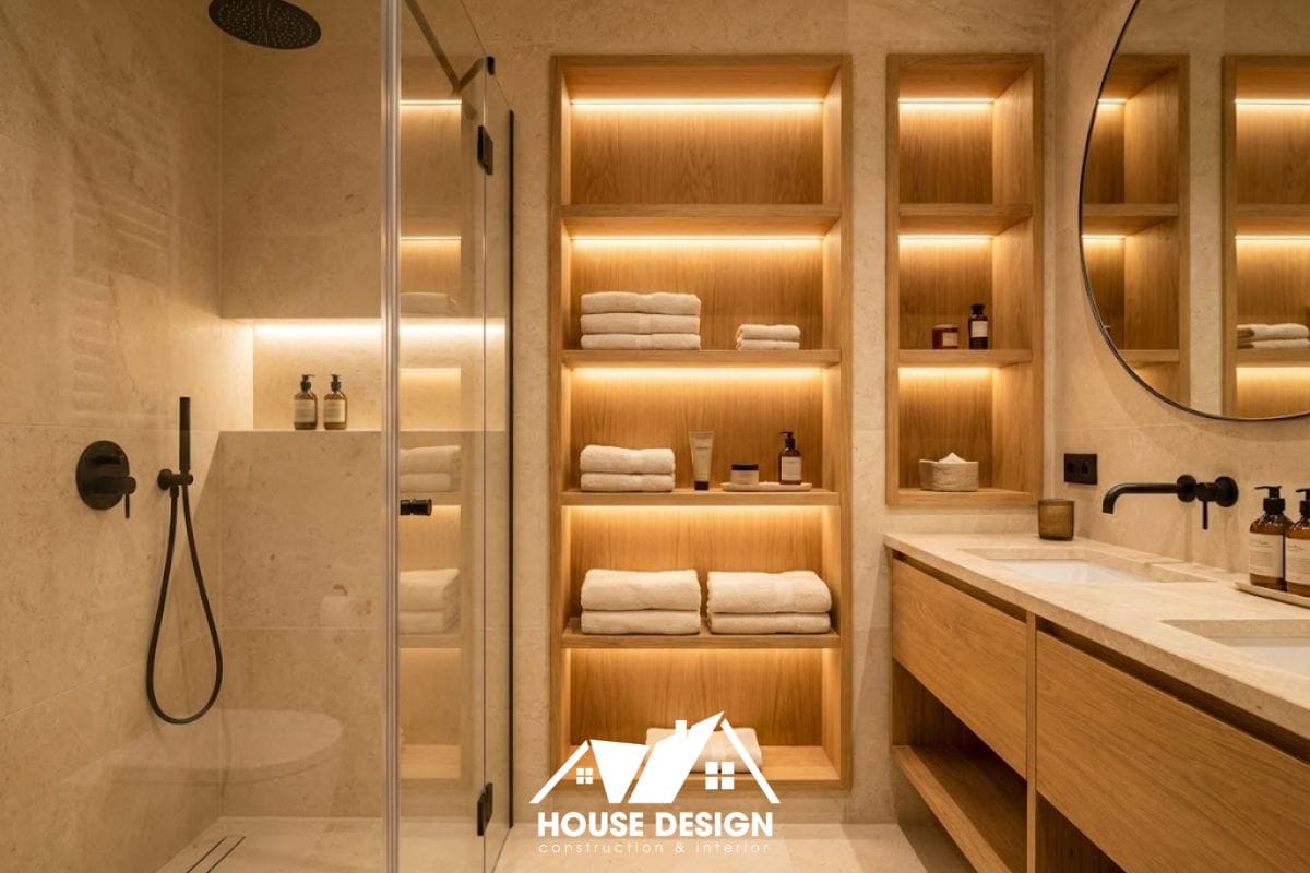 Thiết kế nhà vệ sinh tông màu be và gỗ sồi, có hốc tường để đồ tiện lợi.