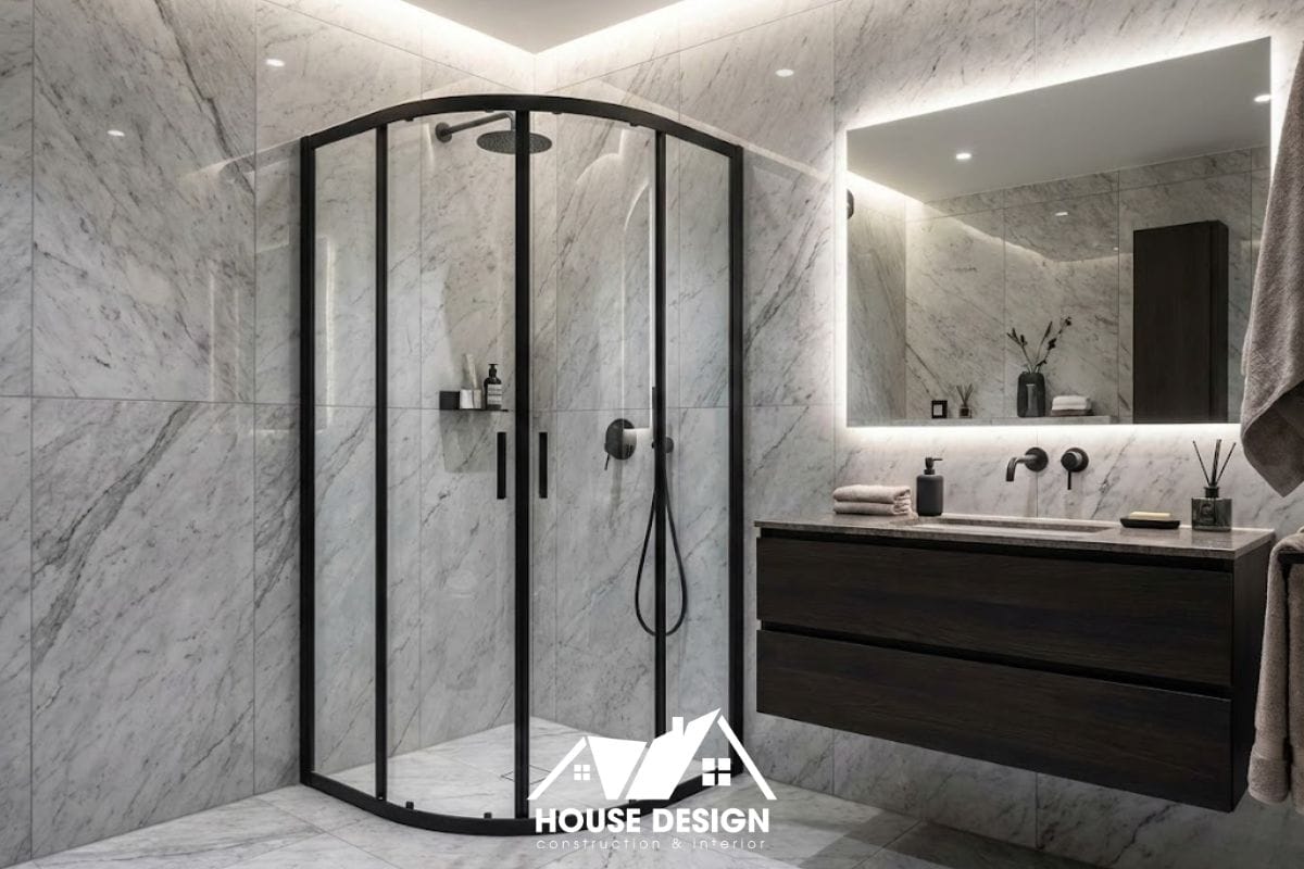 Mẫu nhà vệ sinh chung cư ốp gạch vân đá xám sang trọng với vách kính cong tiết kiệm diện tích.