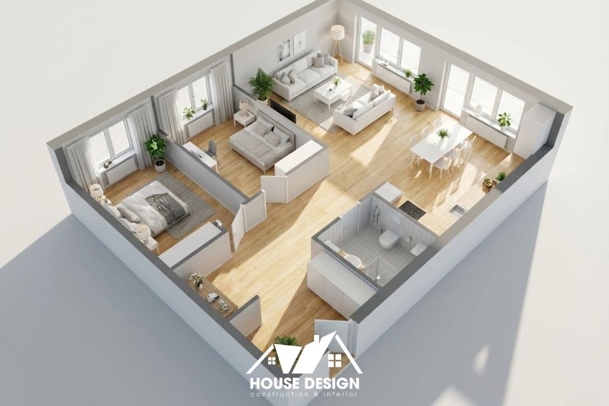 Sơ đồ 3D thiết kế nội thất chung cư 60m 2 phòng ngủ phong cách Scandinavian hiện đại.