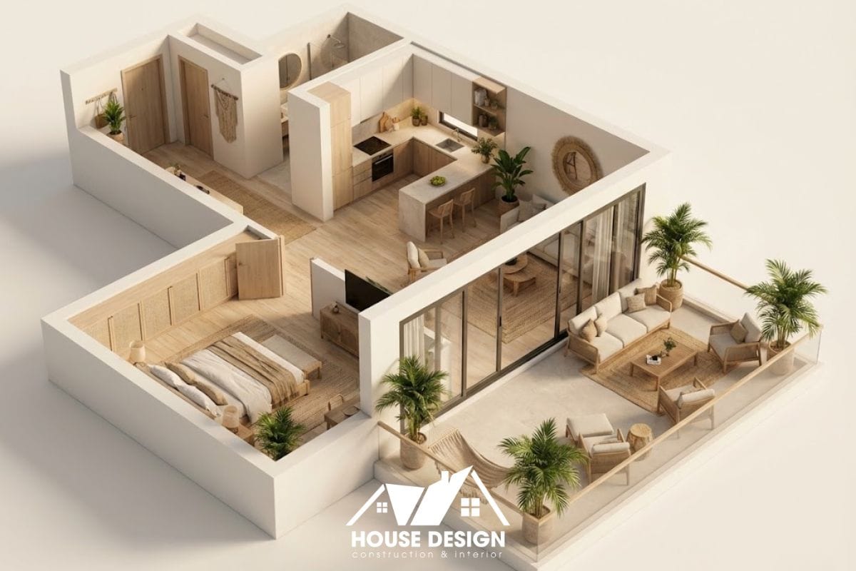 Sơ đồ 3D thiết kế nội thất chung cư 60m 1 phòng ngủ có ban công rộng thư giãn.