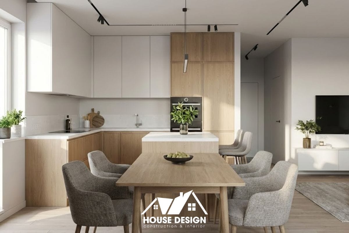 Thiết kế nội thất chung cư 60m với bếp liền phòng khách tối ưu diện tích.