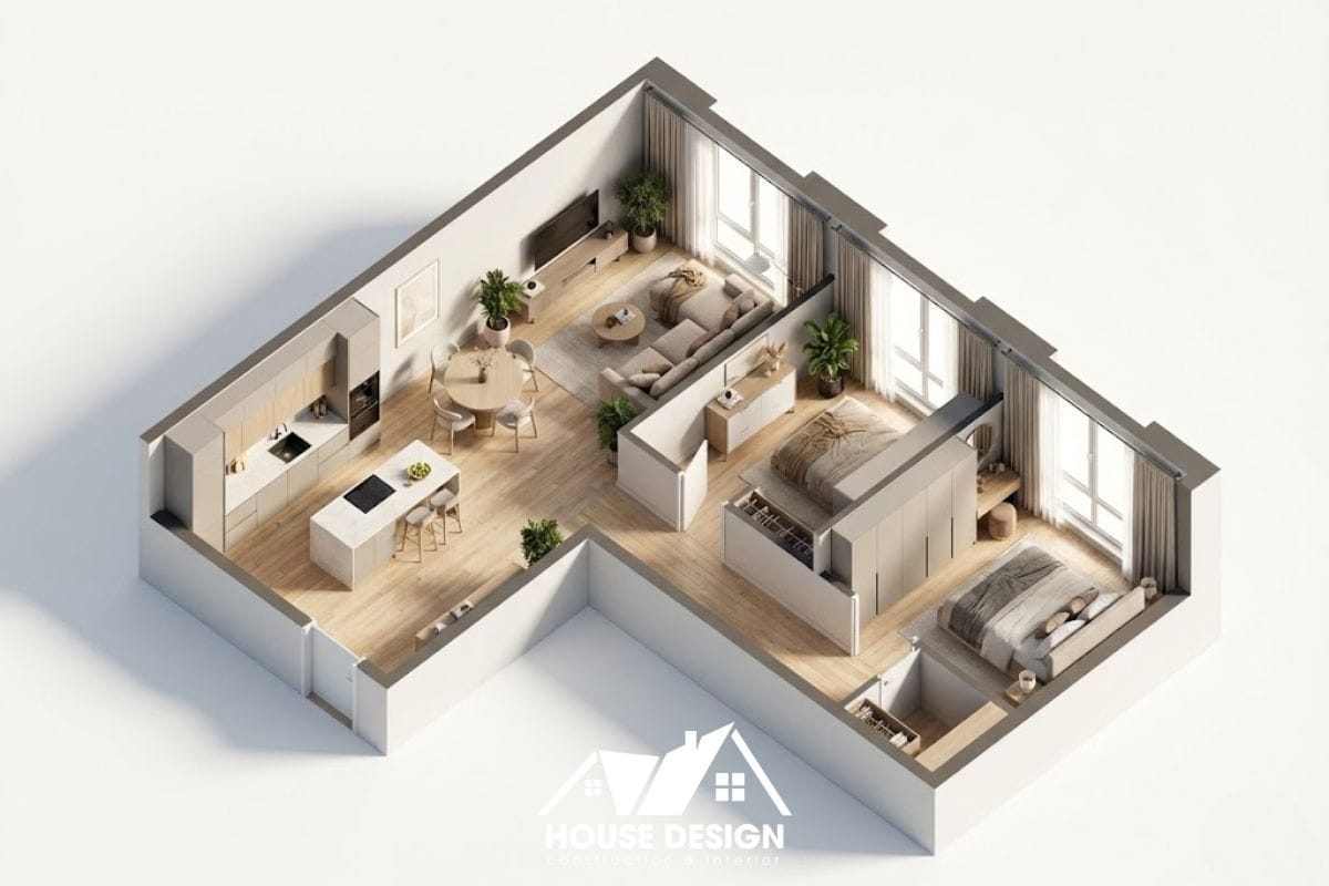 Sơ đồ 3D thiết kế nội thất chung cư 60m dạng ống với bếp mở liền phòng khách.