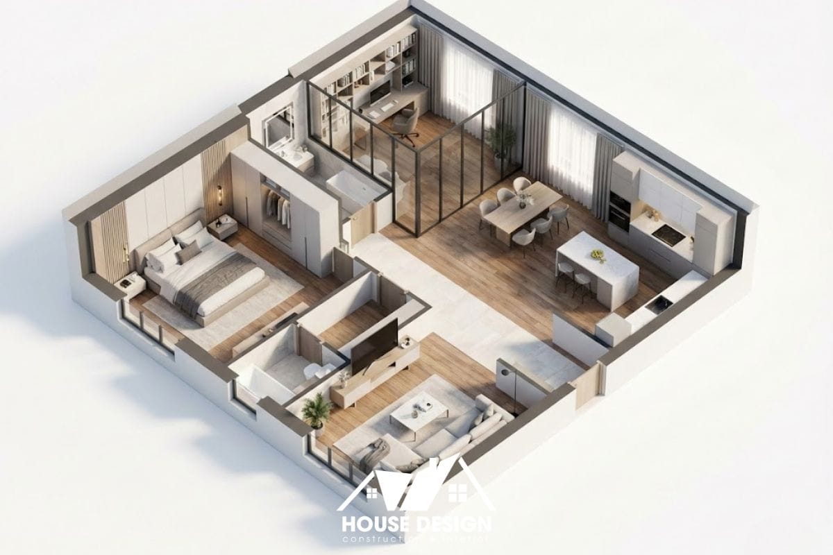 Sơ đồ 3D thiết kế nội thất chung cư 60m 1 phòng ngủ và 1 phòng làm việc riêng biệt.