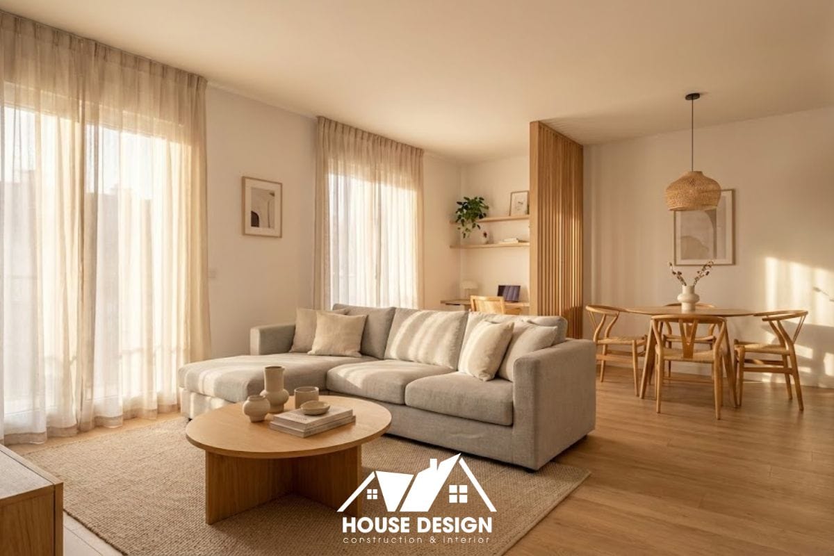 Tổng quan thiết kế nội thất chung cư 60m phong cách hiện đại, tông màu be gỗ ấm cúng.