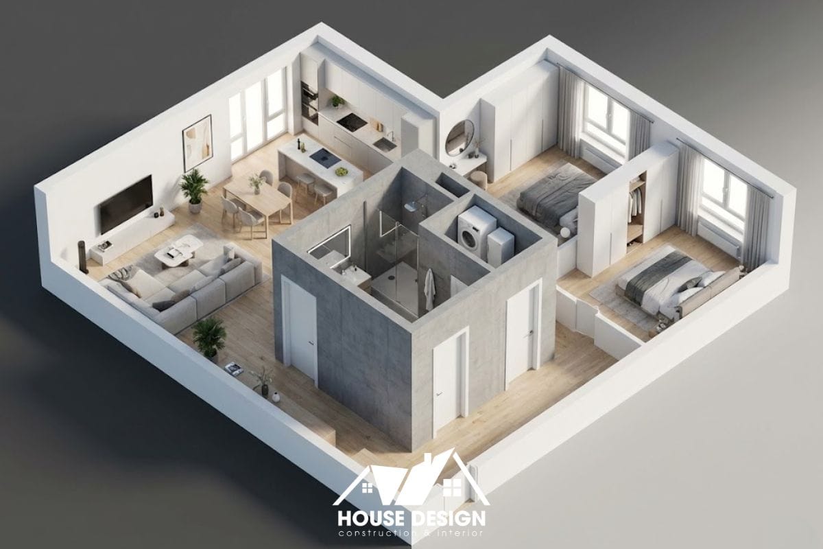 Sơ đồ 3D thiết kế nội thất chung cư 60m với lõi kỹ thuật vệ sinh ở giữa nhà.