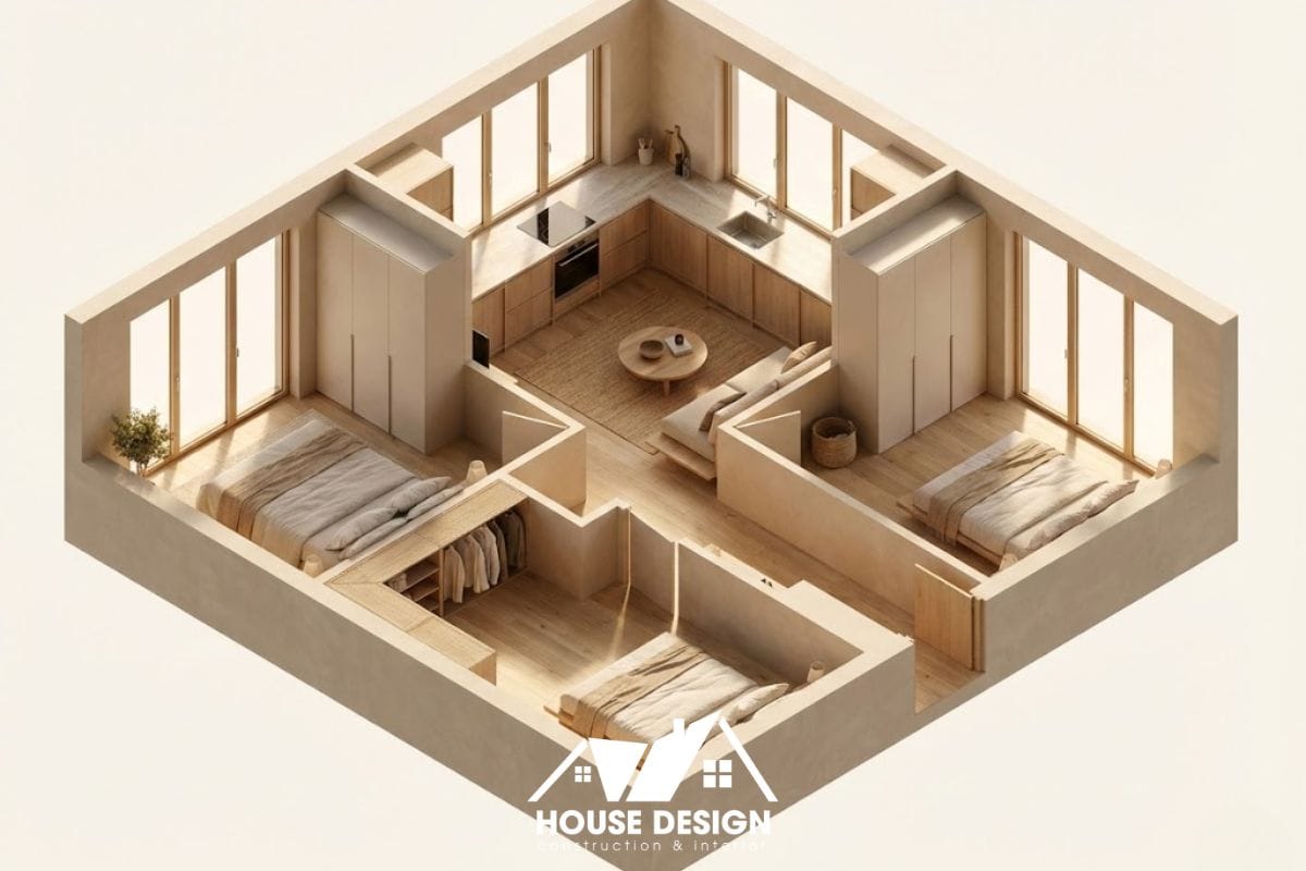 Sơ đồ 3D thiết kế nội thất chung cư 60m vuông vức với phòng khách ở trung tâm.