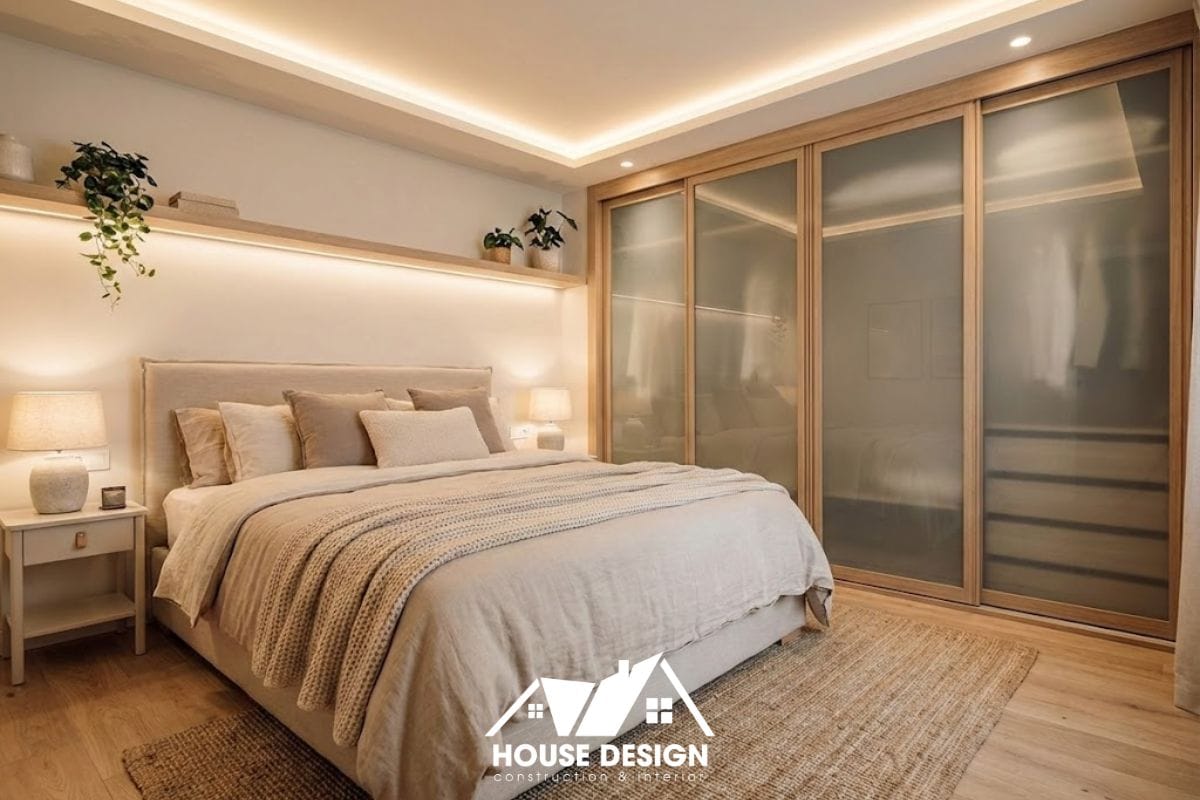 Phòng ngủ master trong thiết kế nội thất chung cư 60m với tủ âm trần sang trọng.
