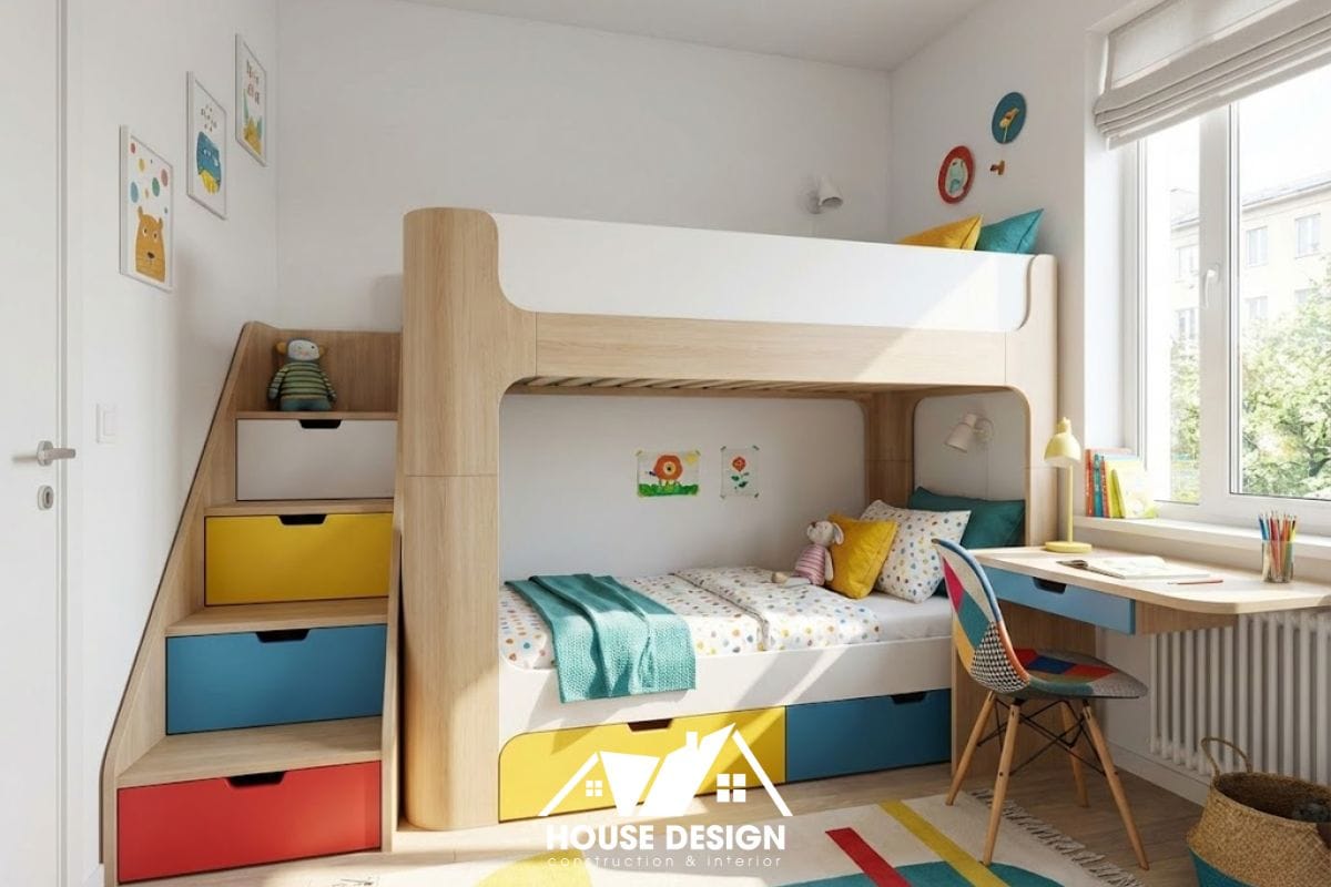 Thiết kế nội thất chung cư 60m phòng trẻ em dùng giường tầng thông minh.