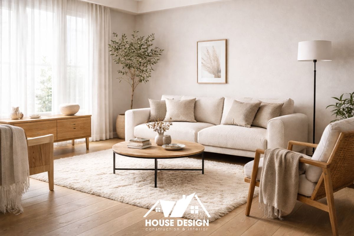 Phòng khách phong cách Japandi kết hợp nội thất gỗ và điểm nhấn đen trong thiết kế nội thất chung cư phong cách hiện đại