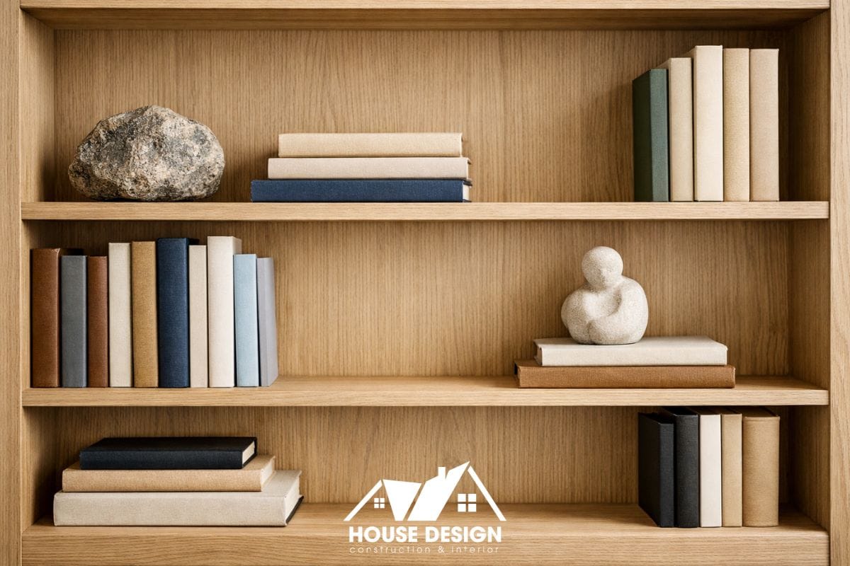 Kệ trang trí tối giản trong mẫu thiết kế nội thất chung cư phong cách hiện đại