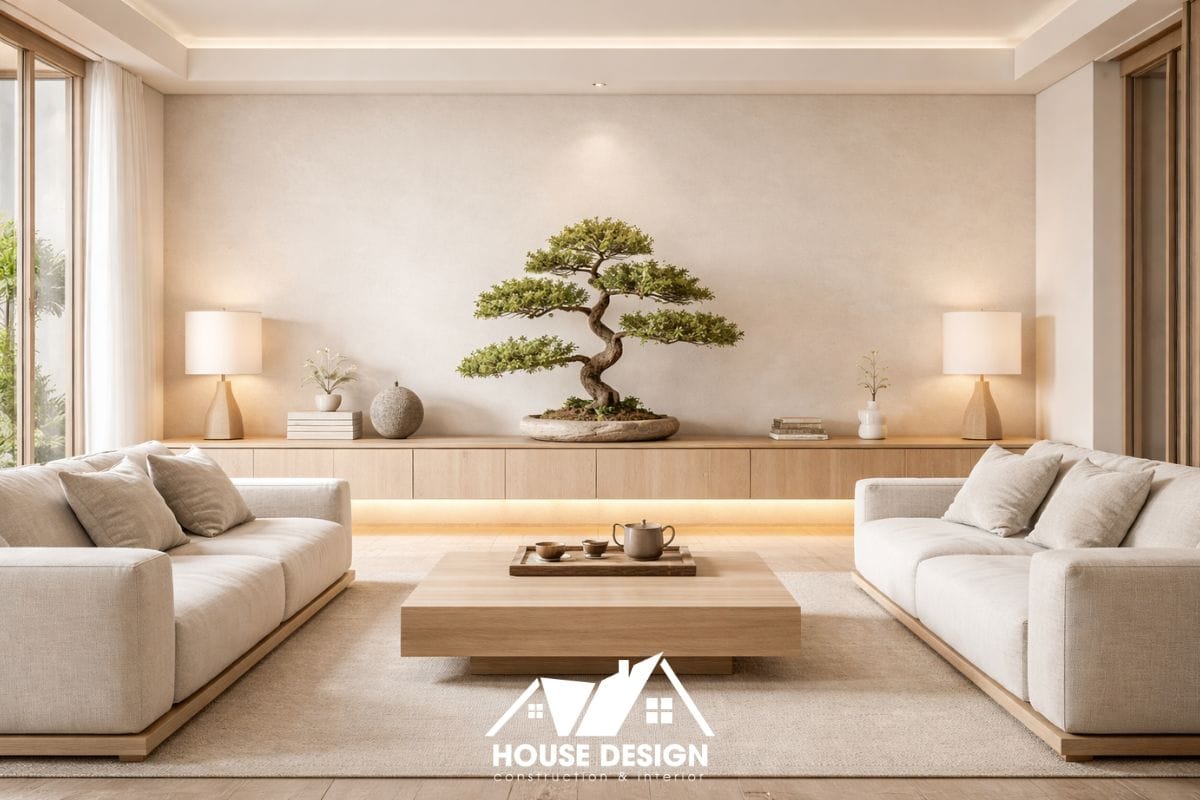 Không gian phòng khách Modern Zen cân bằng và thư giãn thuộc dự án thiết kế nội thất chung cư phong cách hiện đại