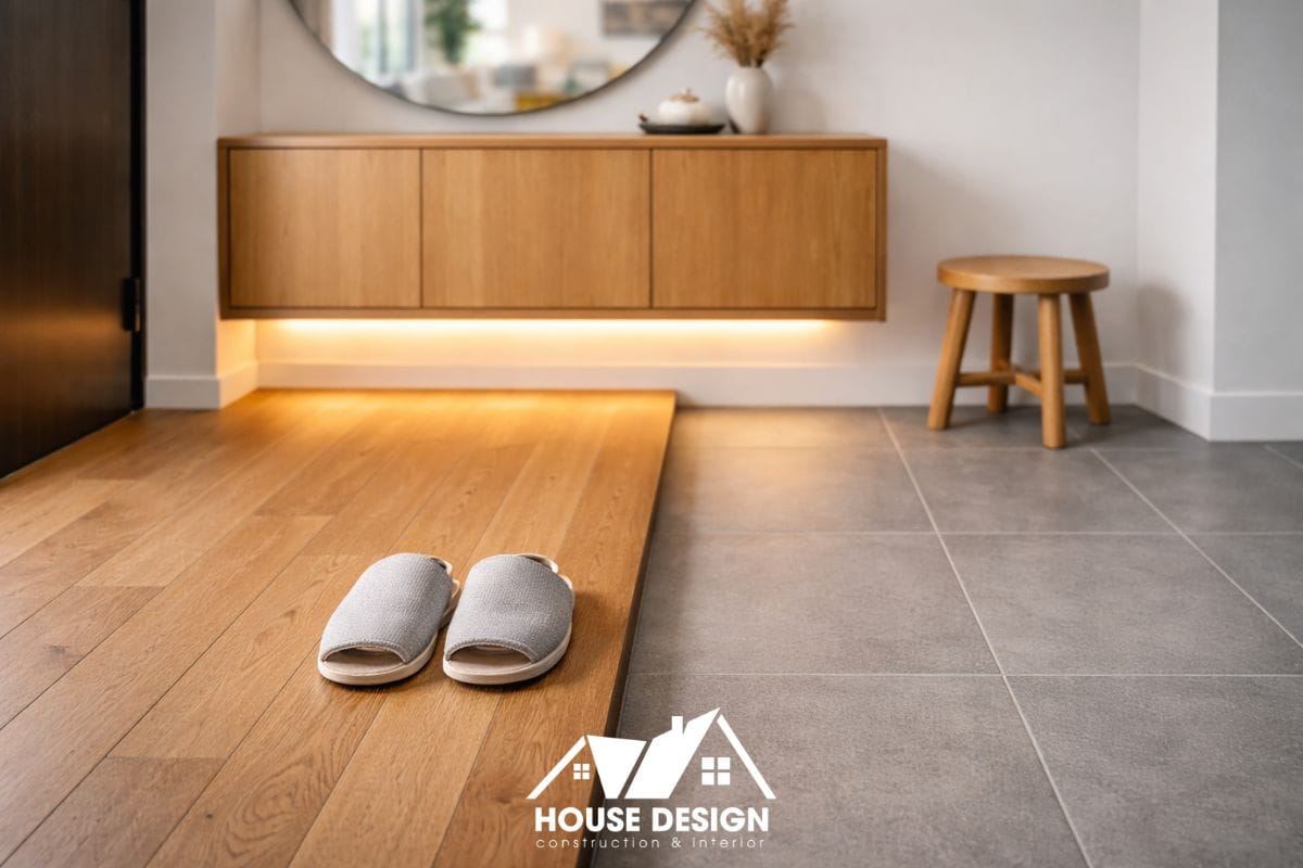 Sảnh vào Genkan giật cấp đặc trưng trong thiết kế nội thất chung cư phong cách hiện đại kiểu Nhật