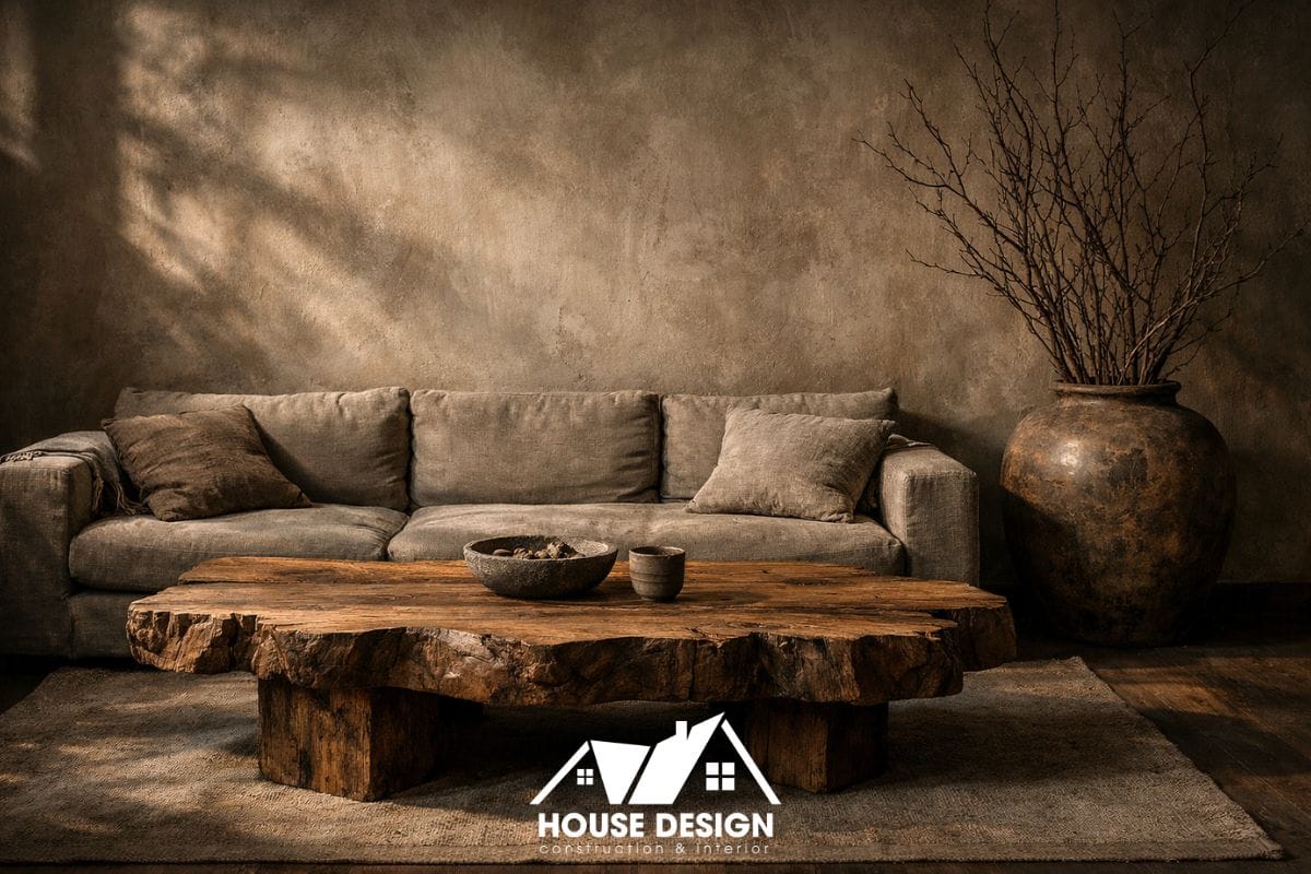 Phòng khách Wabi-sabi với tường hiệu ứng thô và gỗ mộc trong thiết kế nội thất chung cư phong cách hiện đại