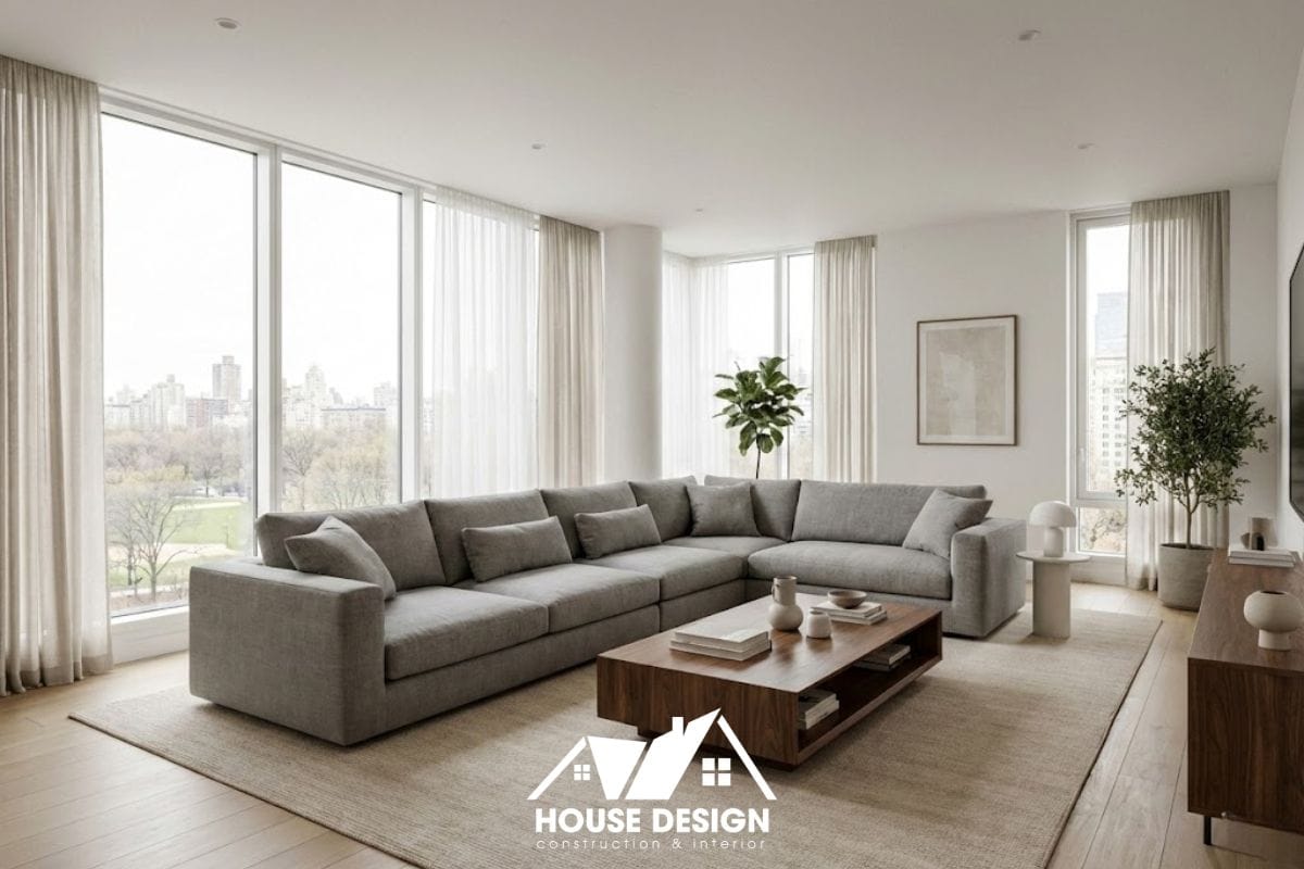 Không gian phòng khách chung cư thiết kế nội thất phong cách hiện đại với tông màu trung tính và ánh sáng tự nhiên.