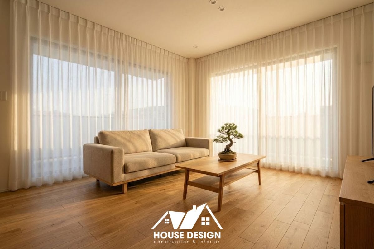 Toàn cảnh phòng khách chung cư thiết kế phong cách Nhật Bản hiện đại ngập tràn ánh sáng tự nhiên.