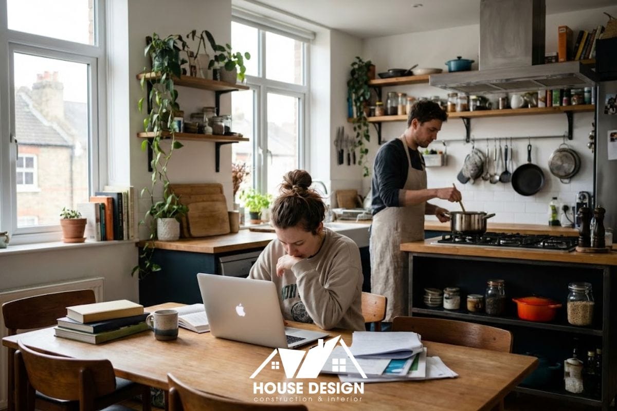 Cặp đôi trẻ đang cùng nhau sinh hoạt trong căn hộ chung cư hiện đại với không gian mở đa năng.