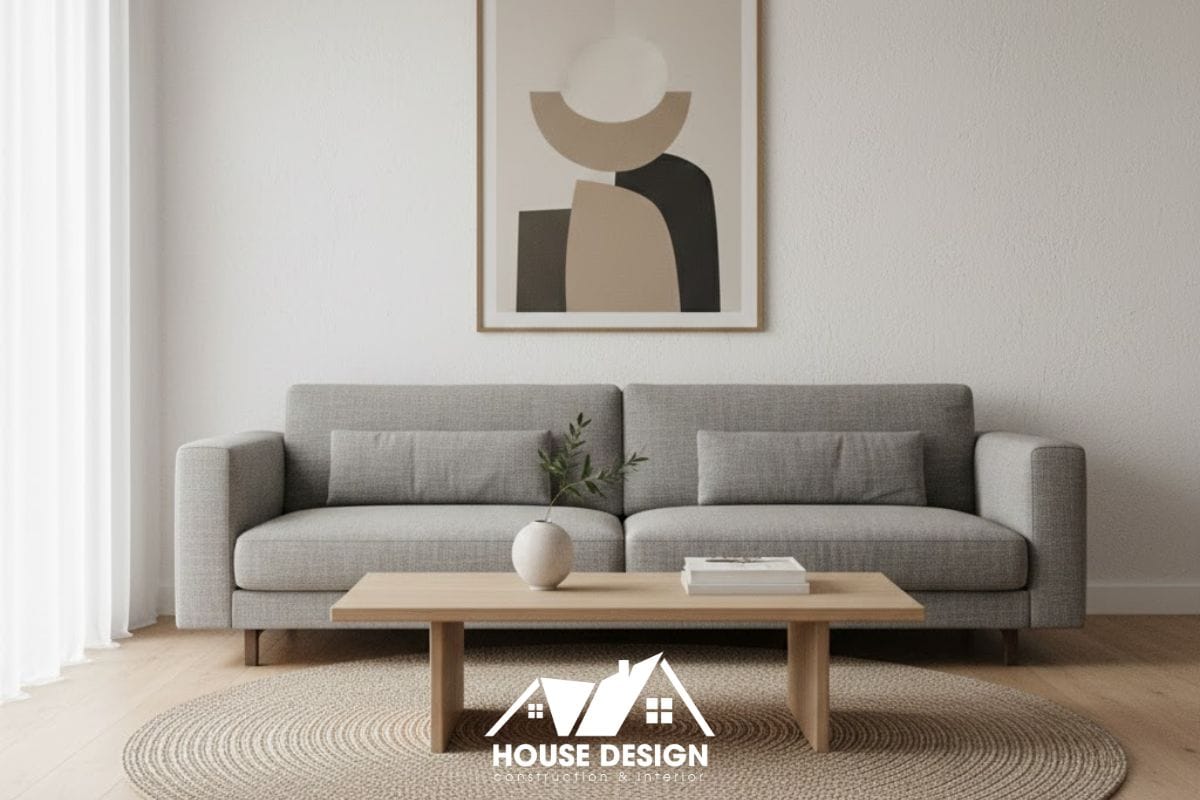 toàn cảnh phòng khách chung cư thiết kế hiện đại tối giản nhìn trực diện