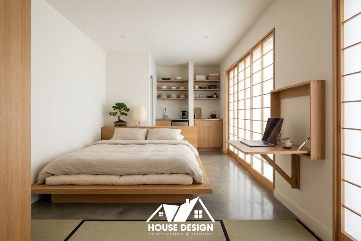 Không gian căn hộ studio kiểu Nhật nhỏ gọn nhưng thoáng đãng nhờ nội thất thấp.