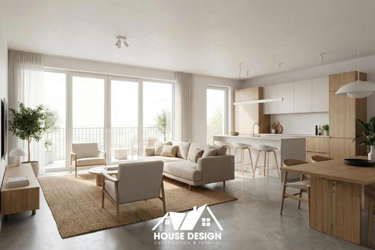 Thiết kế phòng khách liền bếp chung cư hiện đại, không gian mở tràn ngập ánh sáng tự nhiên.