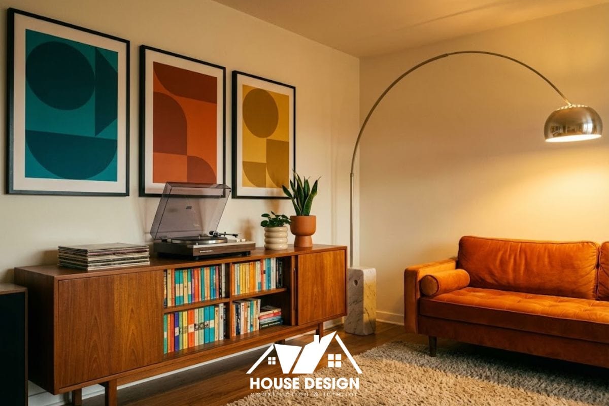 Góc thư giãn phòng khách Retro với máy hát đĩa than và kệ gỗ vintage.