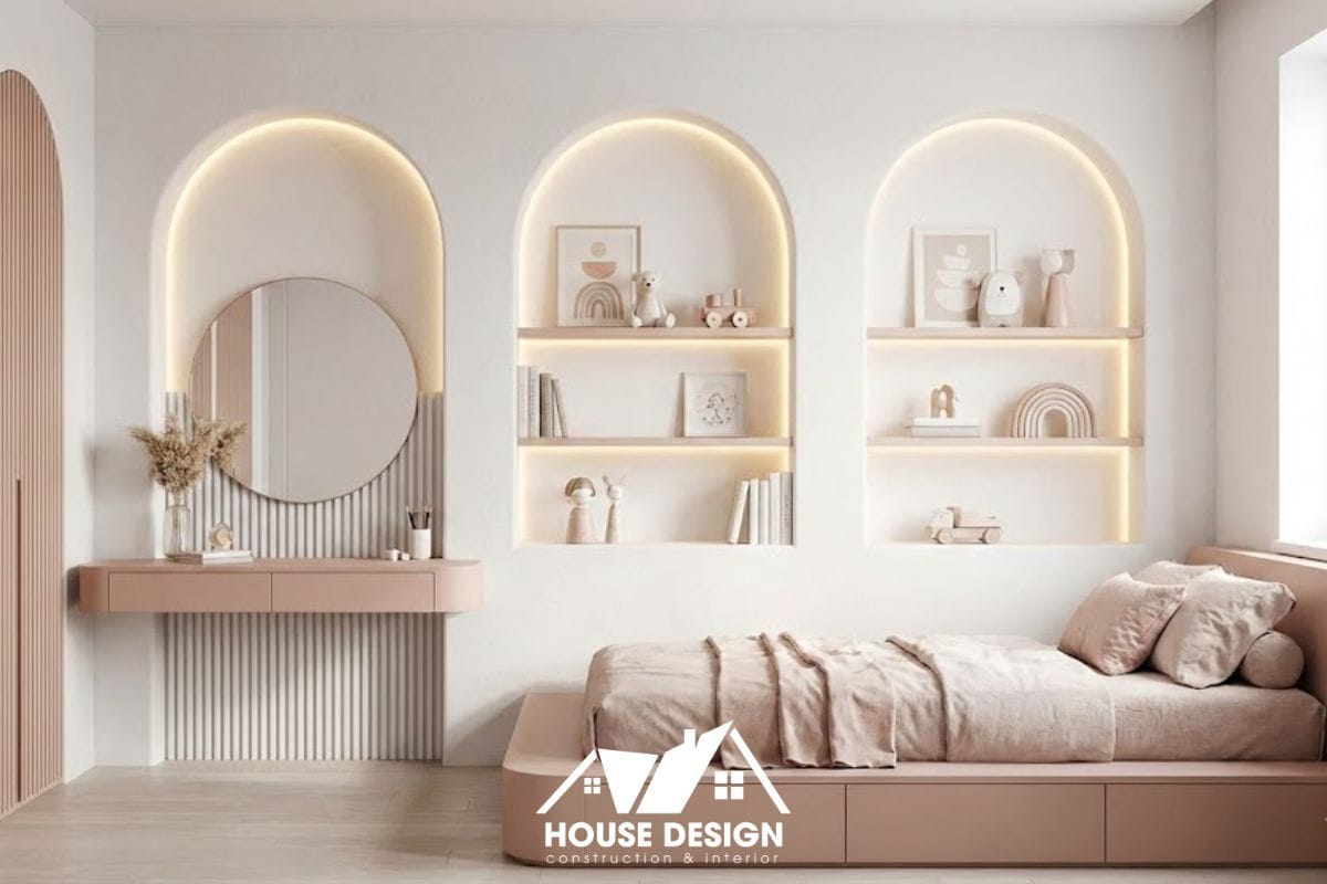Phòng ngủ bé gái phong cách Cute Minimal với hệ kệ vòm âm tường độc đáo.