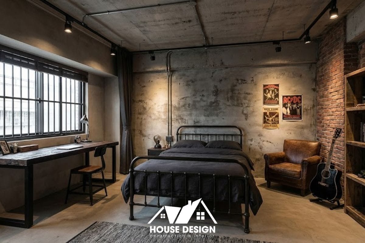 Thiết kế phòng ngủ bé trai phong cách Industrial với đèn ray và nội thất kim loại đen.