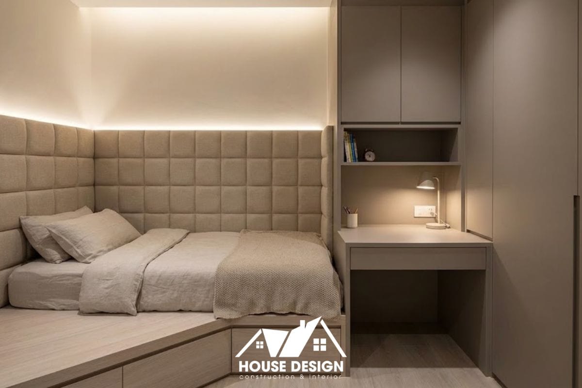 Phòng ngủ bé trai tối giản tông xám be với giường có ngăn kéo lưu trữ.