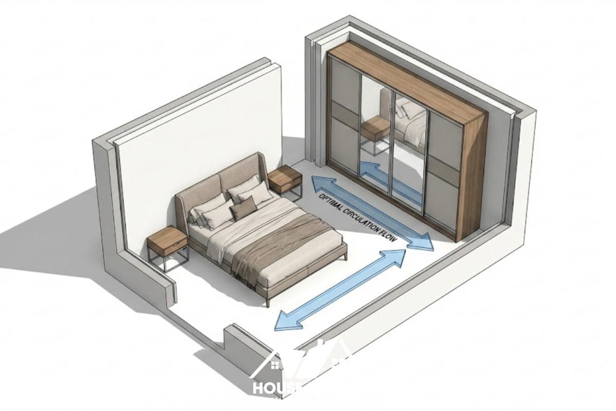 Sơ đồ bố trí mặt bằng thiết kế phòng ngủ chung cư khoa học, đảm bảo khoảng cách lối đi và tủ quần áo.