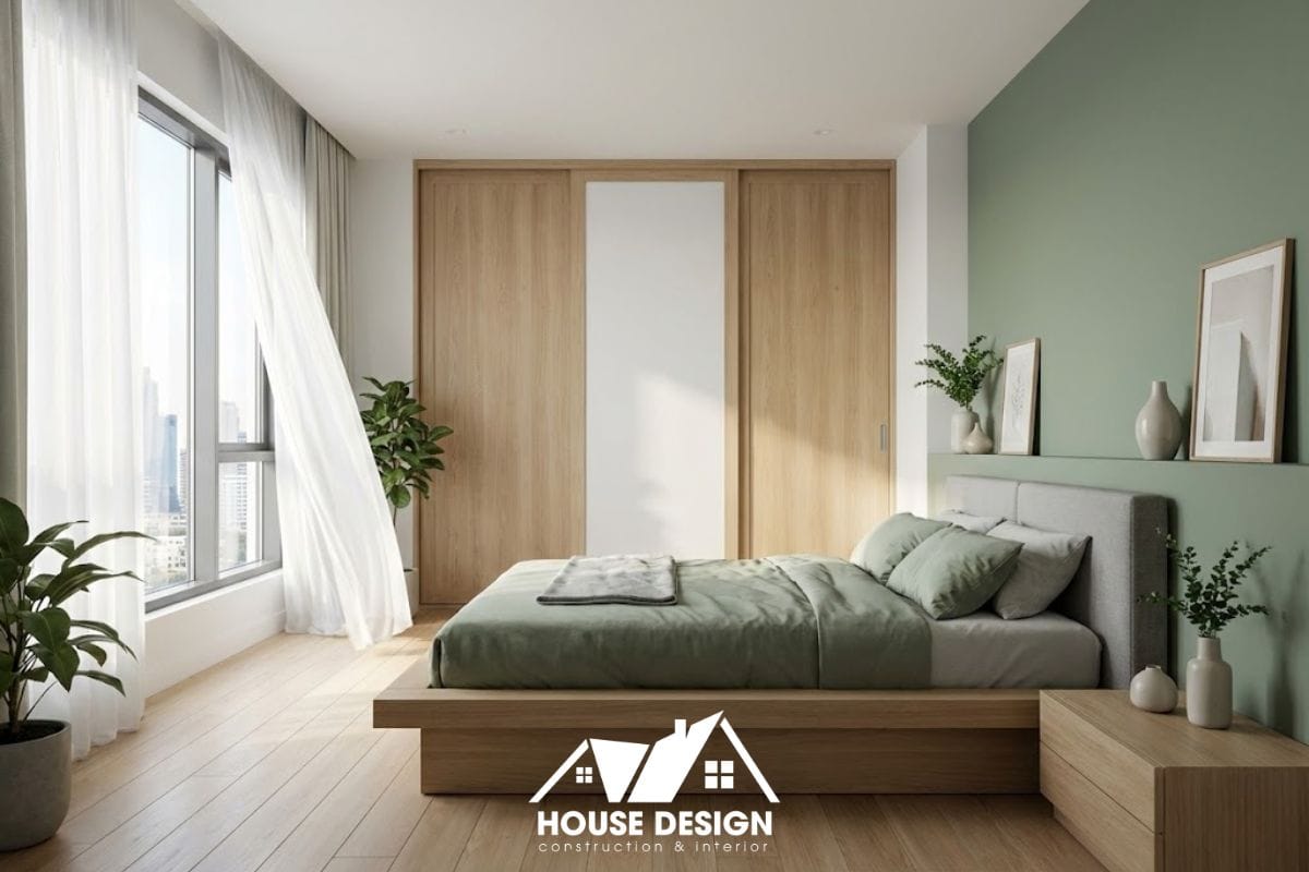 Tổng thể phòng ngủ chung cư hiện đại với giường bọc nỉ, tủ quần áo kịch trần và cửa sổ lớn.